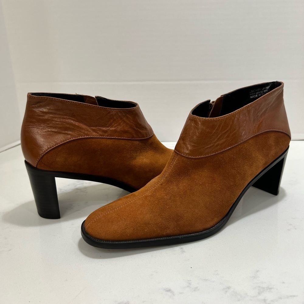 Etienne Aigner Cognac Suede & Leather Ankle Booties